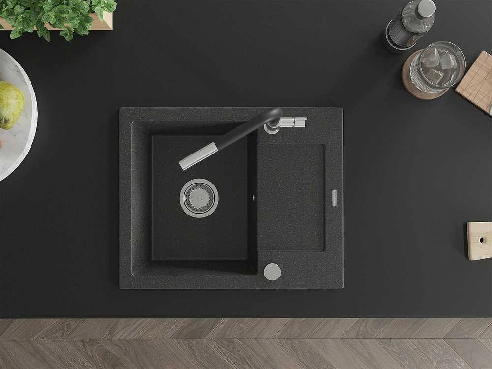 Granitinė virtuvinė plautuvė Mexen Enzo su maišytuvu ir sifonu, Juodas granite+Juodas/Chrome