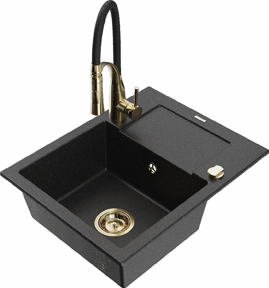 Granitinė virtuvinė plautuvė Mexen Enzo su maišytuvu ir sifonu, Metallic juodas/sidabrinis+Juodas/Gold