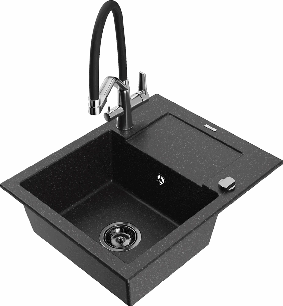 Granitinė virtuvinė plautuvė Mexen Enzo su maišytuvu ir sifonu, Metallic juodas/sidabrinis+Juodas/Chrome