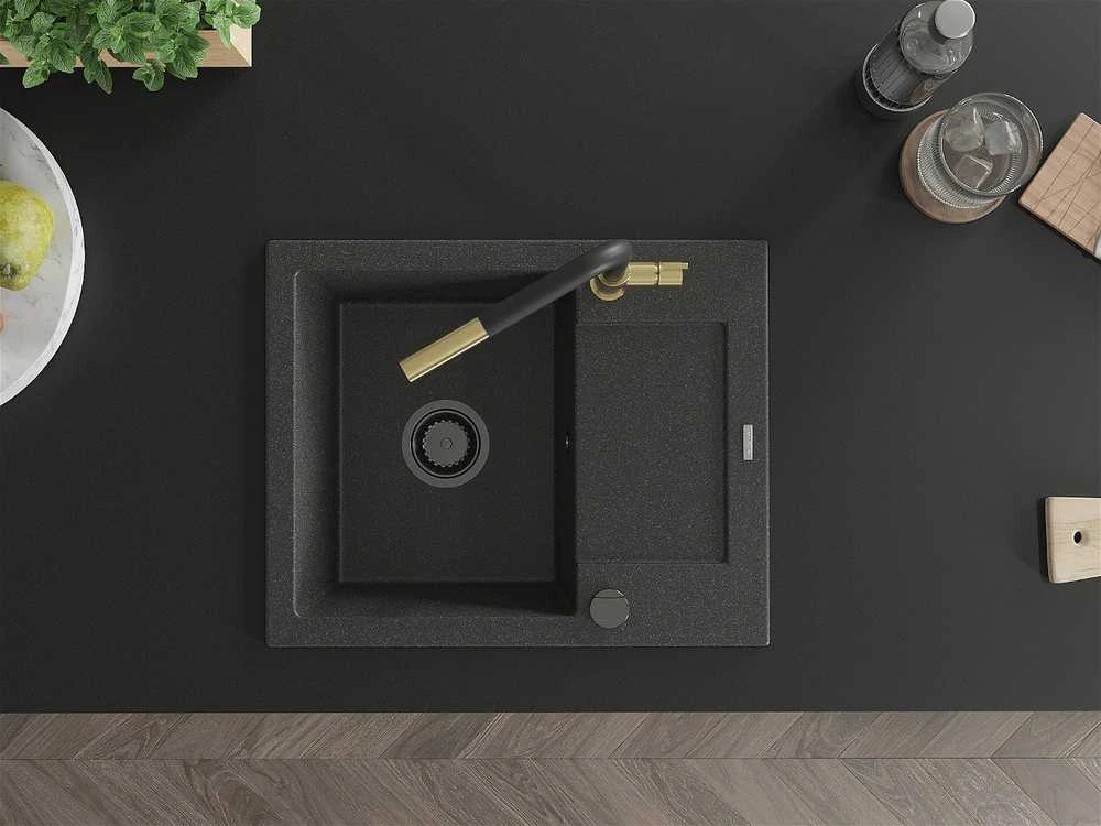 Granitinė virtuvinė plautuvė Mexen Enzo su maišytuvu ir sifonu, Juodas granite+Juodas/Gold