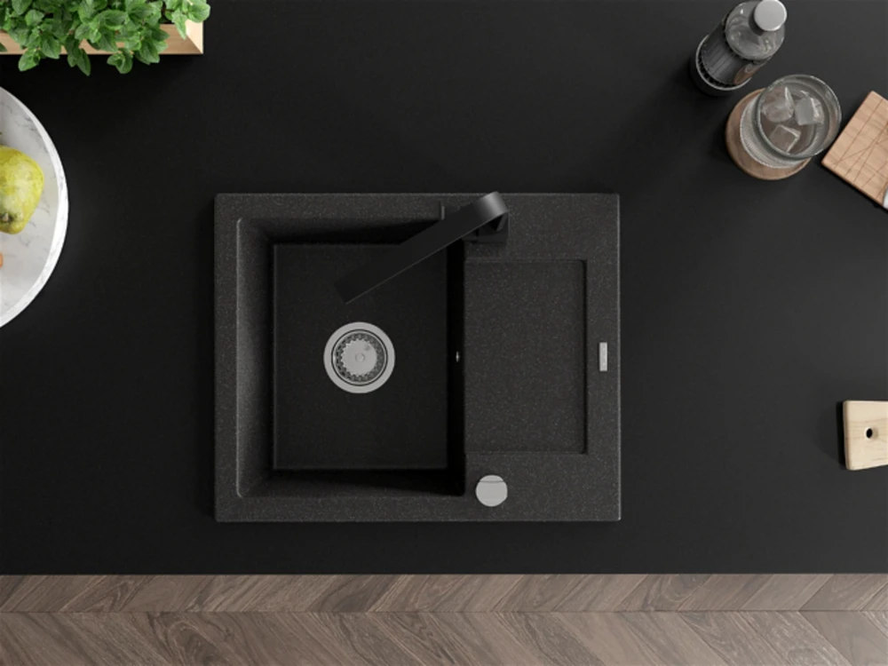 Granitinė virtuvinė plautuvė Mexen Enzo su maišytuvu ir sifonu, Juodas granite+Juodas