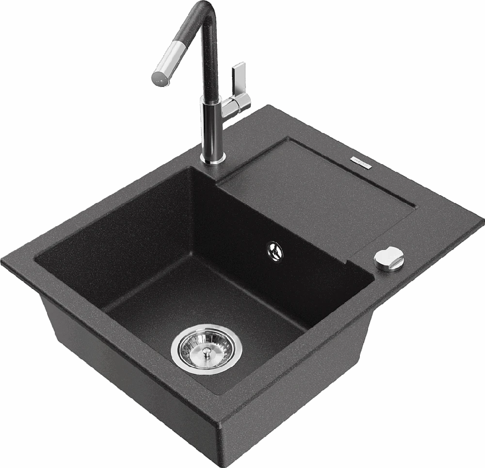 Granitinė virtuvinė plautuvė Mexen Enzo su maišytuvu ir sifonu, Juodas granite+Juodas granite/Chrome