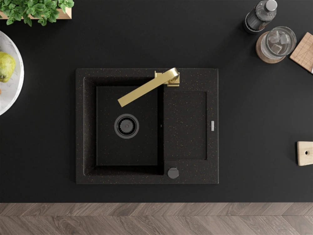 Granitinė virtuvinė plautuvė Mexen Enzo su maišytuvu ir sifonu, Metallic juodas/auksinis+Gold(B)