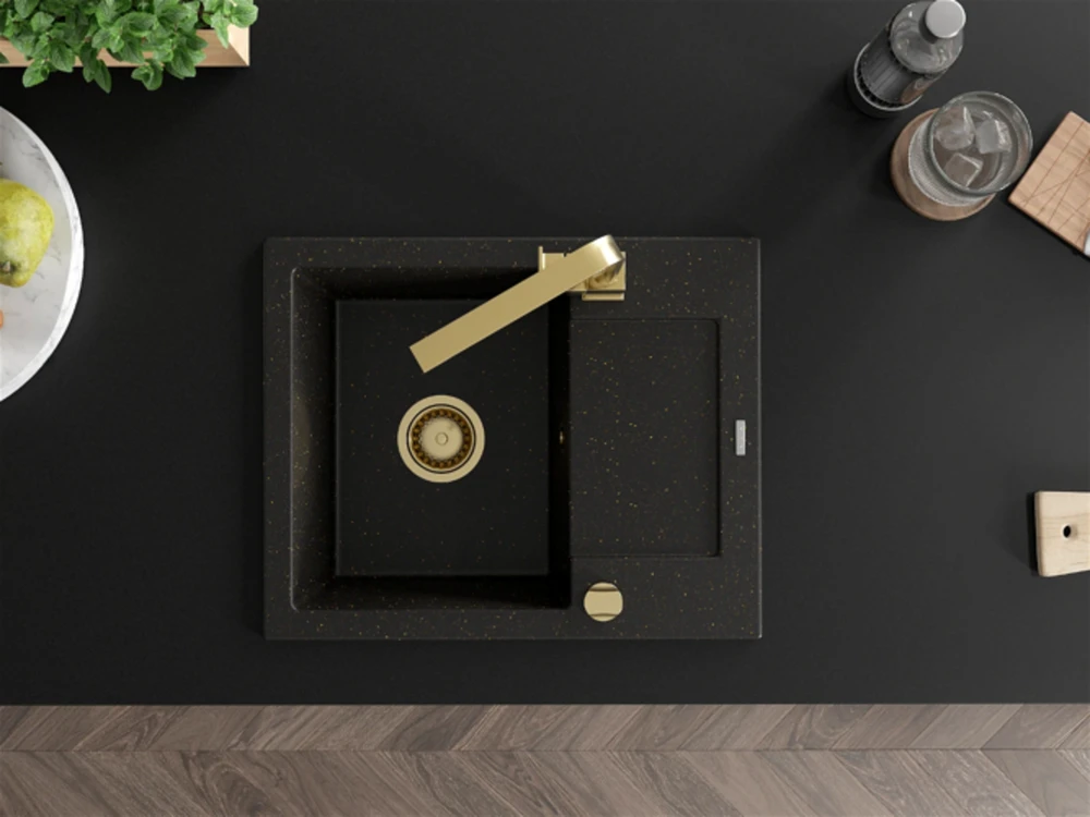 Granitinė virtuvinė plautuvė Mexen Enzo su maišytuvu ir sifonu, Metallic juodas/auksinis+Gold
