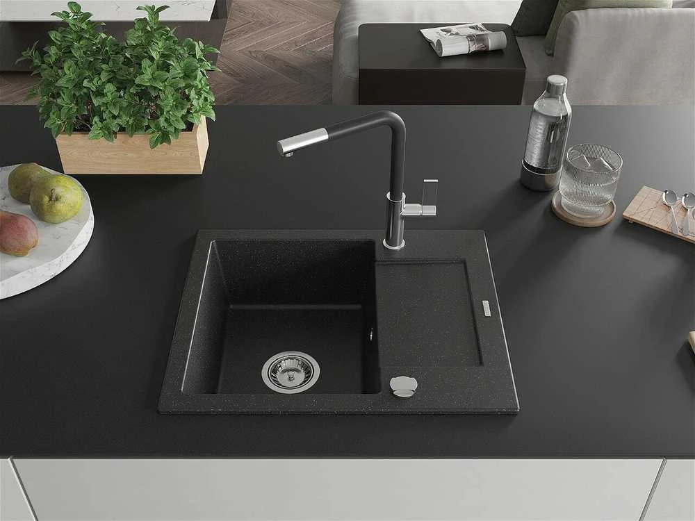 Granitinė virtuvinė plautuvė Mexen Enzo su maišytuvu ir sifonu, Metallic juodas/sidabrinis+Juodas/Chrome