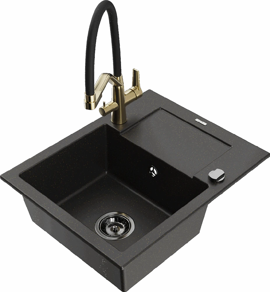 Granitinė virtuvinė plautuvė Mexen Enzo su maišytuvu ir sifonu, Metallic juodas/auksinis+Juodas/Gold