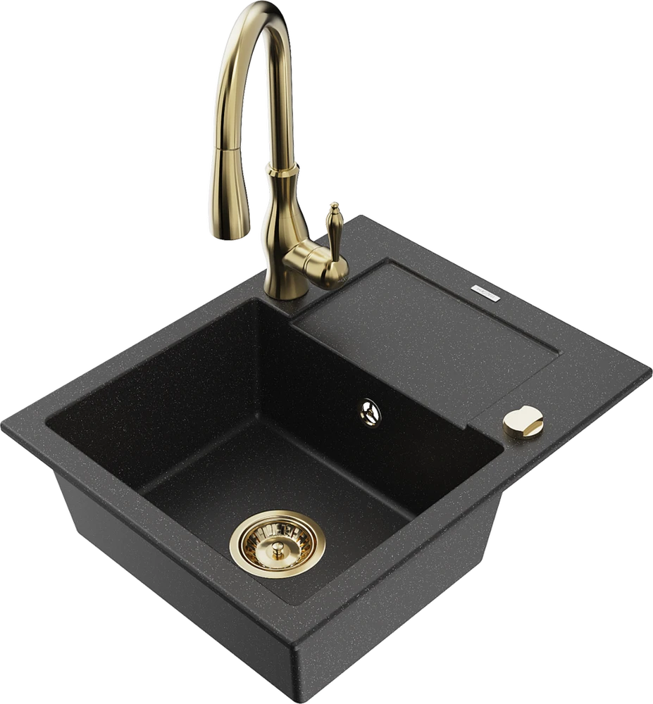 Granitinė virtuvinė plautuvė Mexen Enzo su maišytuvu ir sifonu, Metallic juodas/sidabrinis+Gold