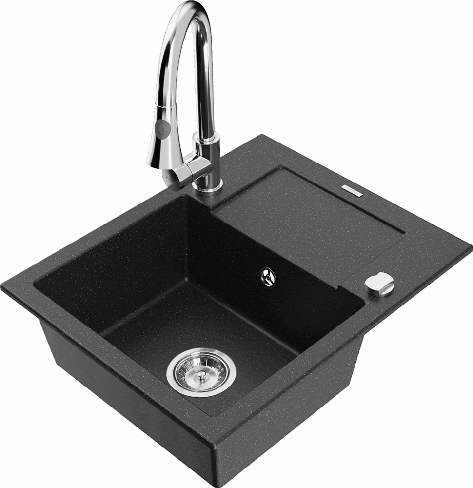 Granitinė virtuvinė plautuvė Mexen Enzo su maišytuvu ir sifonu, Metallic juodas/sidabrinis+Chrome