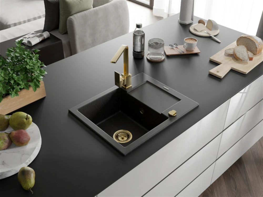 Granitinė virtuvinė plautuvė Mexen Enzo su maišytuvu ir sifonu, Juodas granite+Gold