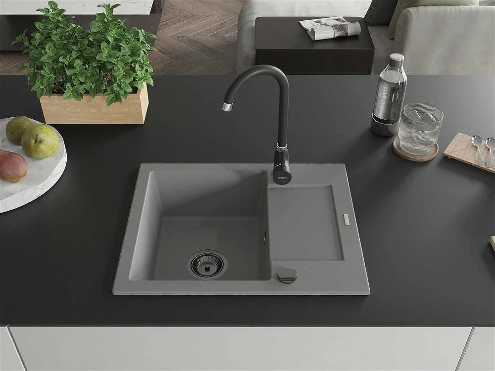 Granitinė virtuvinė plautuvė Mexen Enzo su sifonu, Pilkas+Juodas, 576 x 465 mm