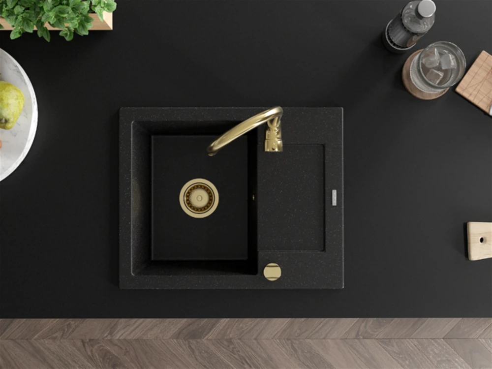 Granitinė virtuvinė plautuvė Mexen Enzo su maišytuvu ir sifonu, Metallic juodas/sidabrinis+Gold