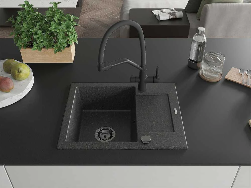 Granitinė virtuvinė plautuvė Mexen Enzo su maišytuvu ir sifonu, Juodas granite+Juodas