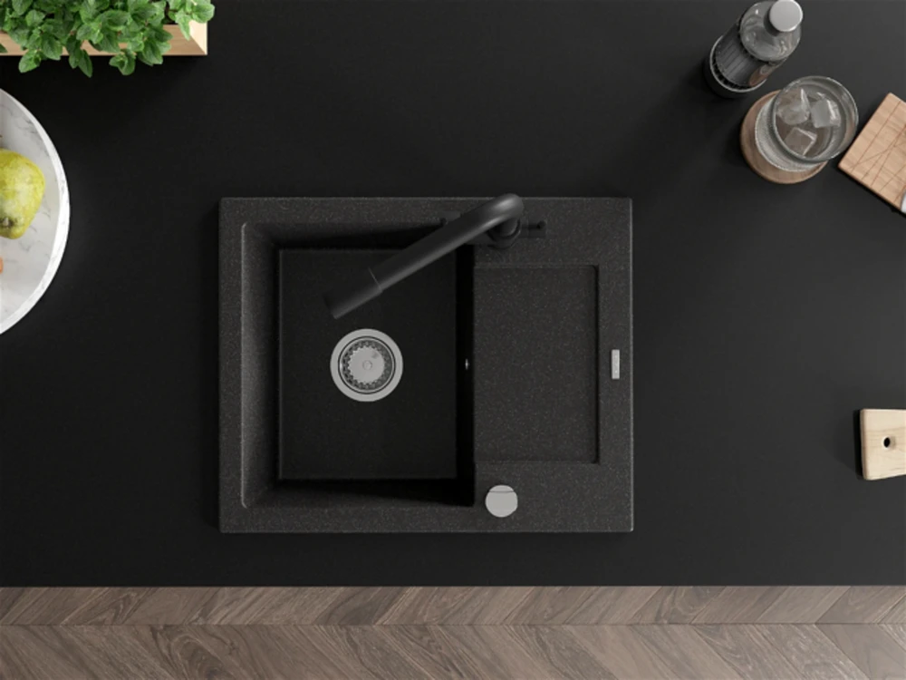 Granitinė virtuvinė plautuvė Mexen Enzo su maišytuvu ir sifonu, Juodas granite+Juodas