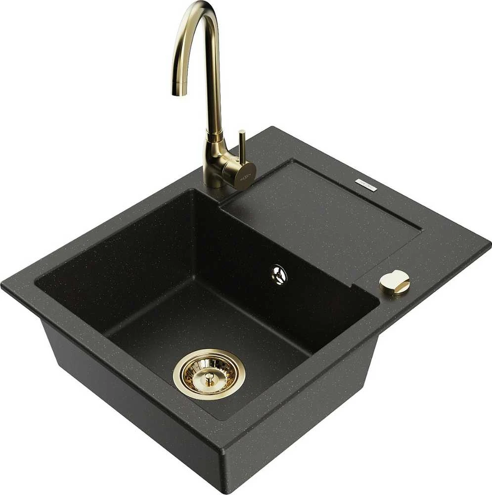 Granitinė virtuvinė plautuvė Mexen Enzo su maišytuvu ir sifonu, Metallic juodas/auksinis+Gold