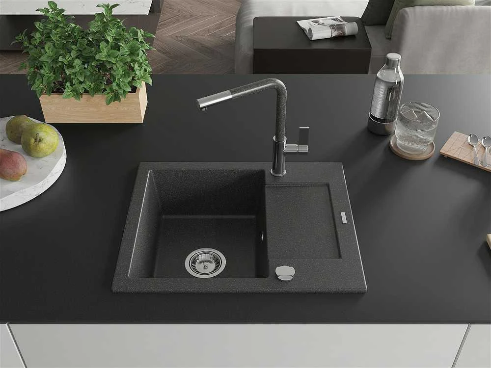 Granitinė virtuvinė plautuvė Mexen Enzo su maišytuvu ir sifonu, Juodas granite+Juodas granite/Chrome