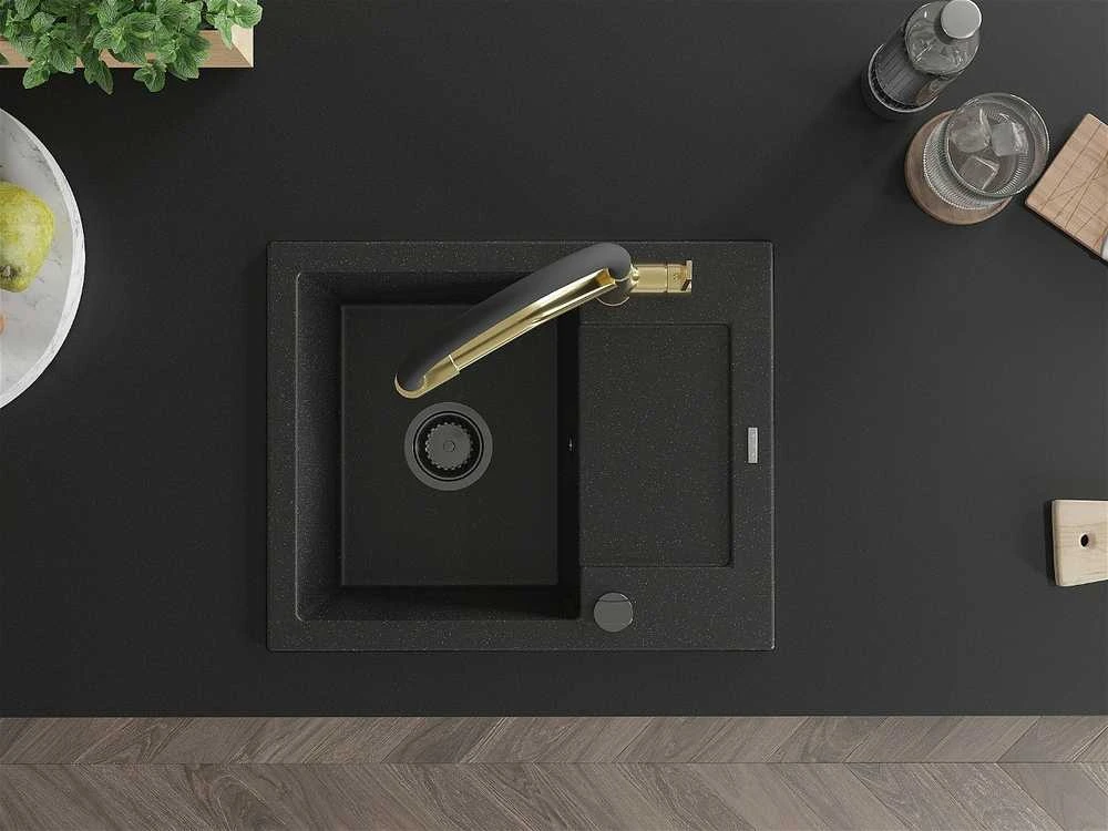 Granitinė virtuvinė plautuvė Mexen Enzo su maišytuvu ir sifonu, Metallic juodas/sidabrinis+Juodas/Gold