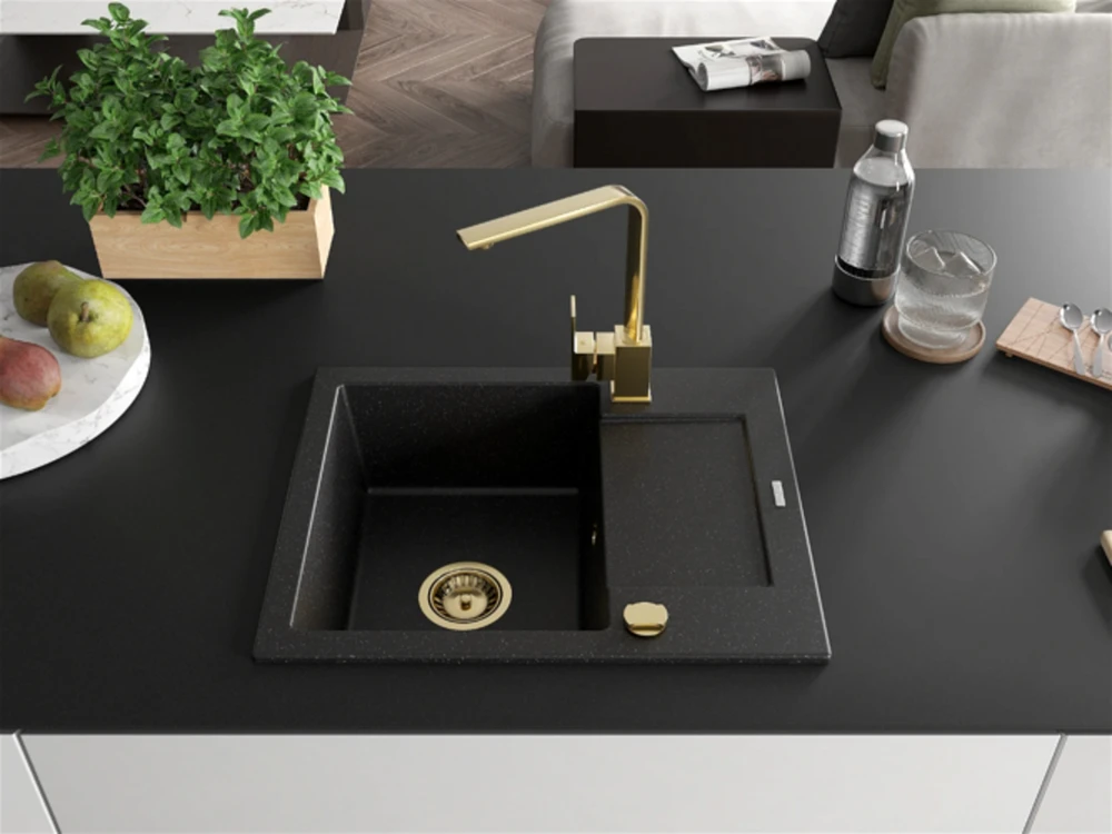 Granitinė virtuvinė plautuvė Mexen Enzo su maišytuvu ir sifonu, Metallic juodas/sidabrinis+Gold