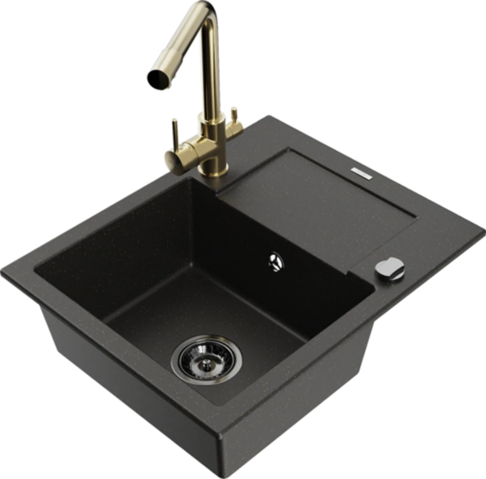 Granitinė virtuvinė plautuvė Mexen Enzo su maišytuvu ir sifonu, Metallic juodas/auksinis+Gold(B)