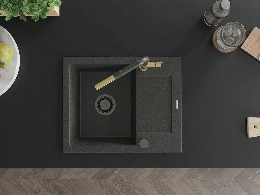 Granitinė virtuvinė plautuvė Mexen Enzo su maišytuvu ir sifonu, Juodas granite+Juodas granite/Gold