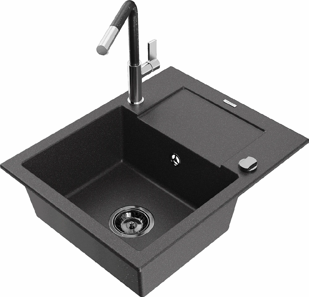 Granitinė virtuvinė plautuvė Mexen Enzo su maišytuvu ir sifonu, Juodas granite+Juodas/Chrome