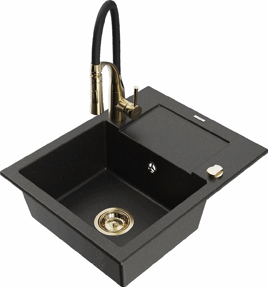 Granitinė virtuvinė plautuvė Mexen Enzo su maišytuvu ir sifonu, Metallic juodas/auksinis+Juodas/Gold