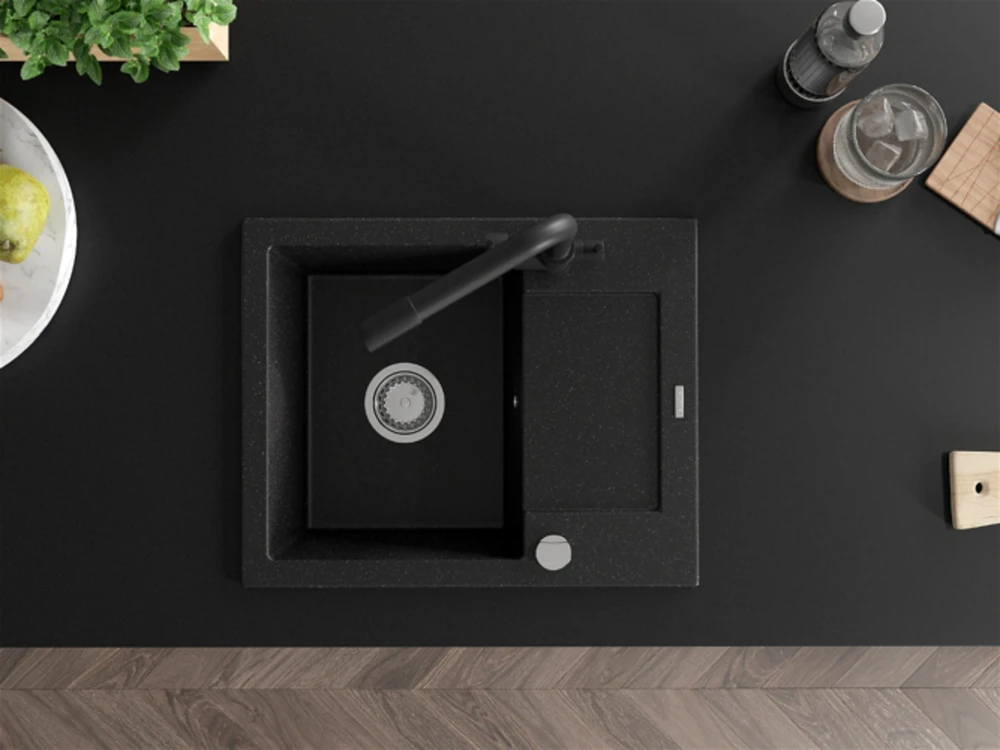 Granitinė virtuvinė plautuvė Mexen Enzo su maišytuvu ir sifonu, Metallic juodas/sidabrinis+Juodas
