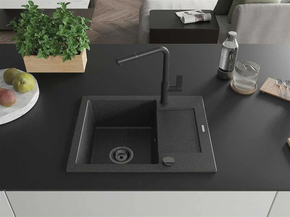 Granitinė virtuvinė plautuvė Mexen Enzo su maišytuvu ir sifonu, Juodas granite+Juodas