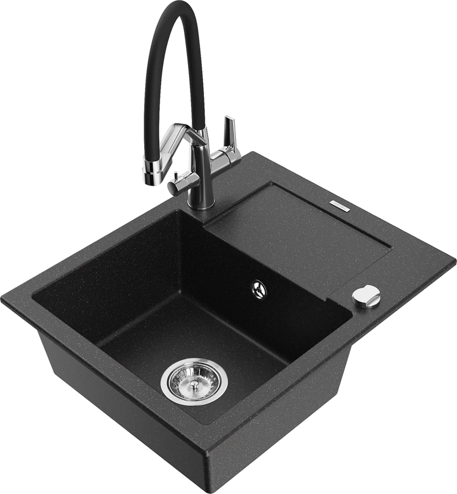 Granitinė virtuvinė plautuvė Mexen Enzo su maišytuvu ir sifonu, Metallic juodas/sidabrinis+Juodas/Chrome