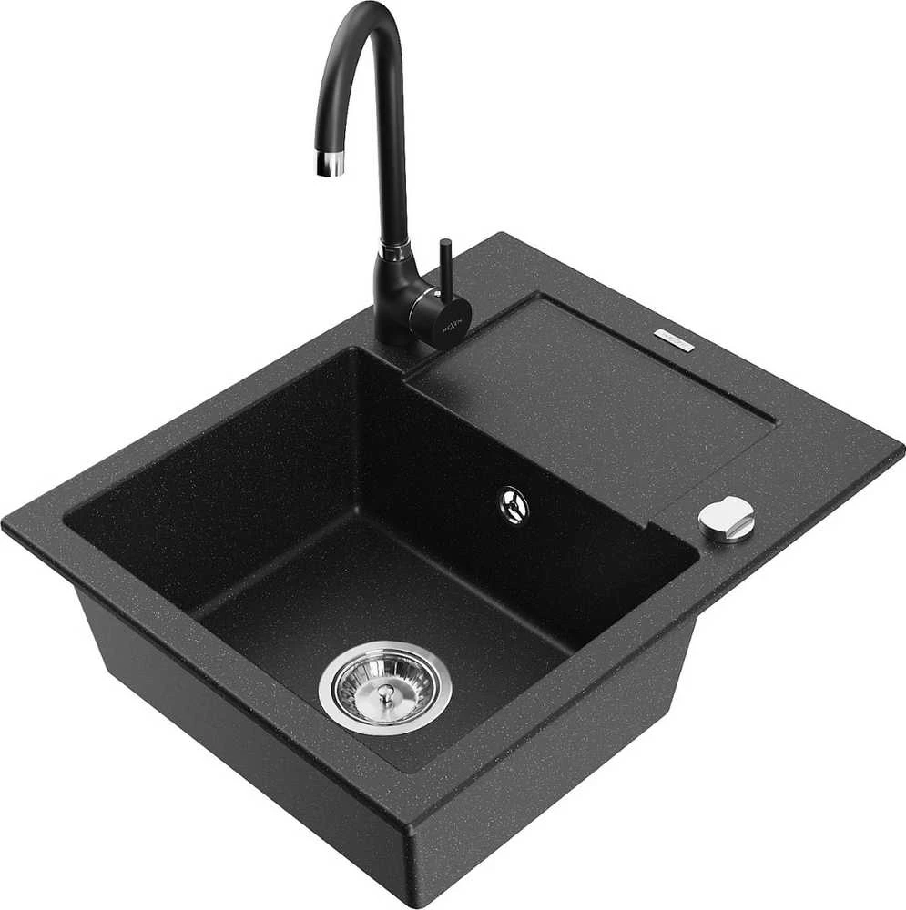 Granitinė virtuvinė plautuvė Mexen Enzo su maišytuvu ir sifonu, Metallic juodas/sidabrinis+Juodas
