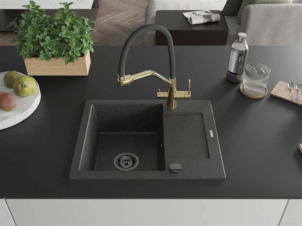 Granitinė virtuvinė plautuvė Mexen Enzo su maišytuvu ir sifonu, Juodas granite+Juodas/Gold
