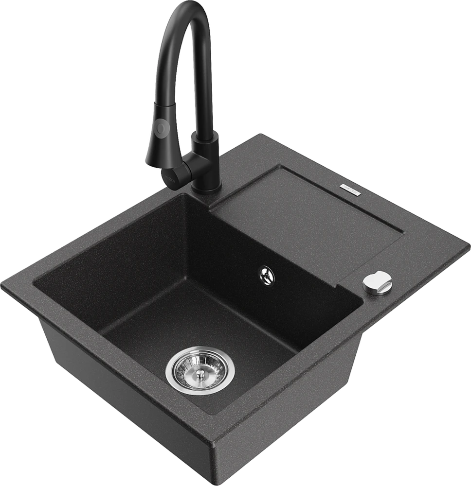 Granitinė virtuvinė plautuvė Mexen Enzo su maišytuvu ir sifonu, Juodas granite+Juodas