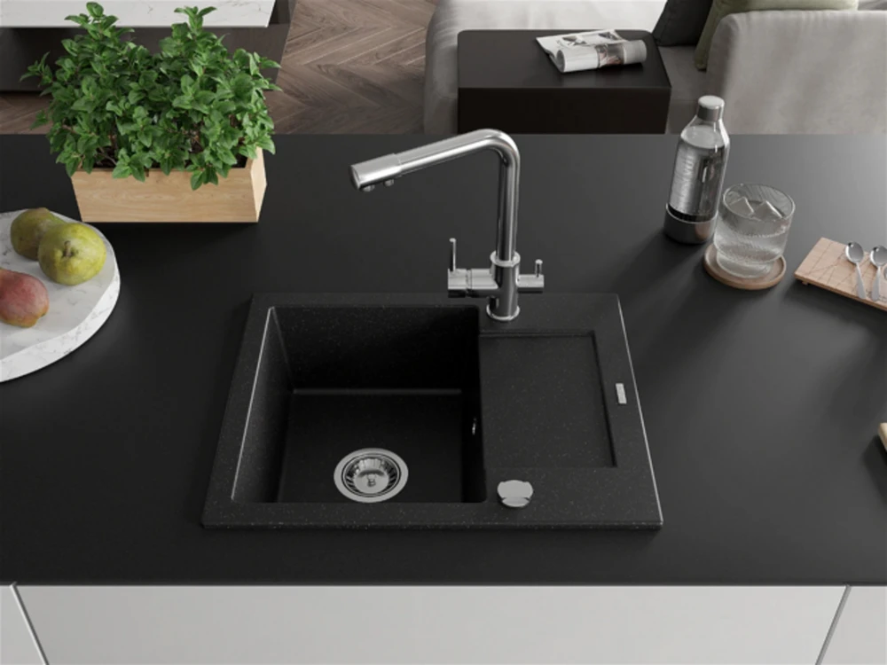 Granitinė virtuvinė plautuvė Mexen Enzo su maišytuvu ir sifonu, Metallic juodas/sidabrinis+Chrome
