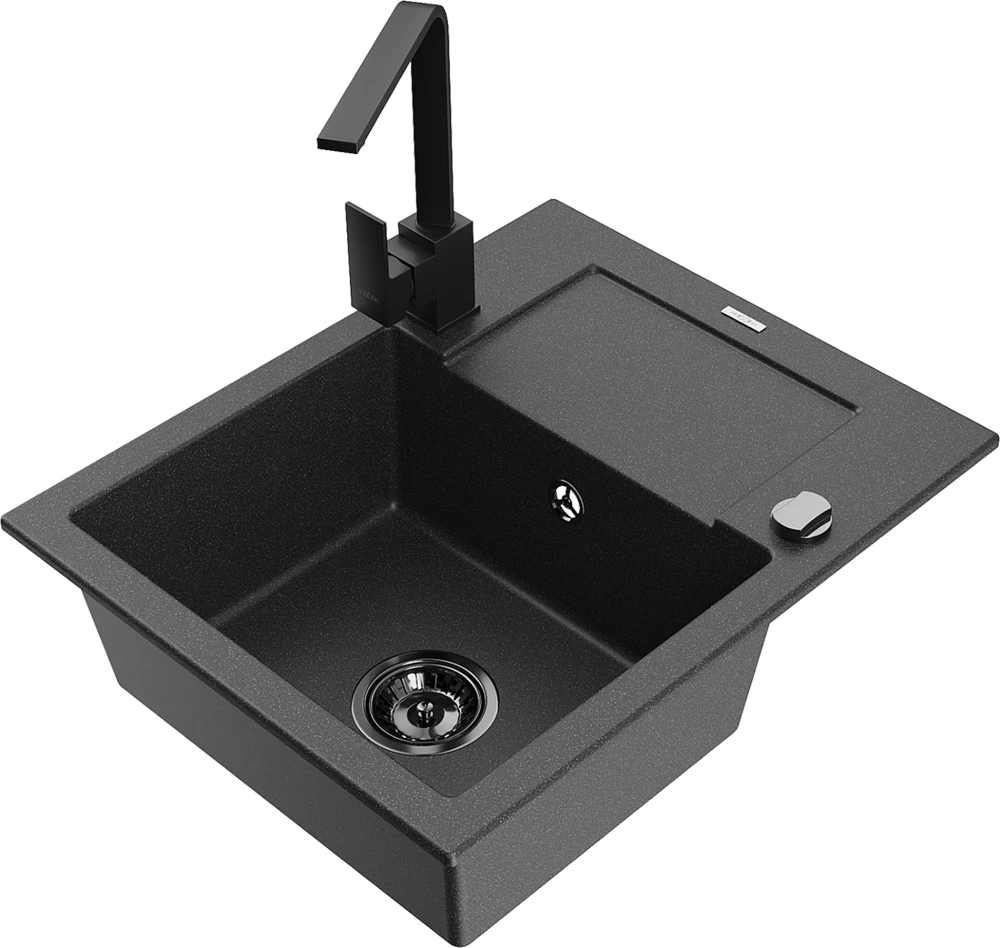 Granitinė virtuvinė plautuvė Mexen Enzo su maišytuvu ir sifonu, Juodas granite+Juodas(B)