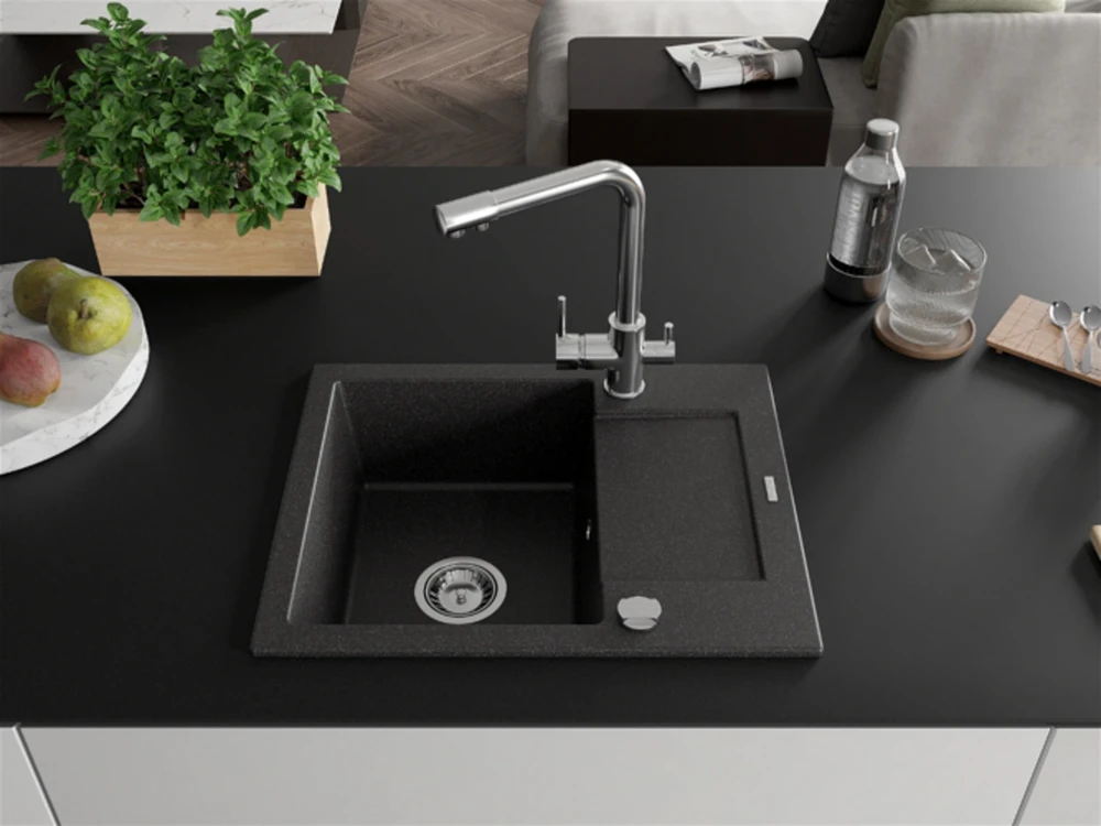 Granitinė virtuvinė plautuvė Mexen Enzo su maišytuvu ir sifonu, Juodas granite+Chrome