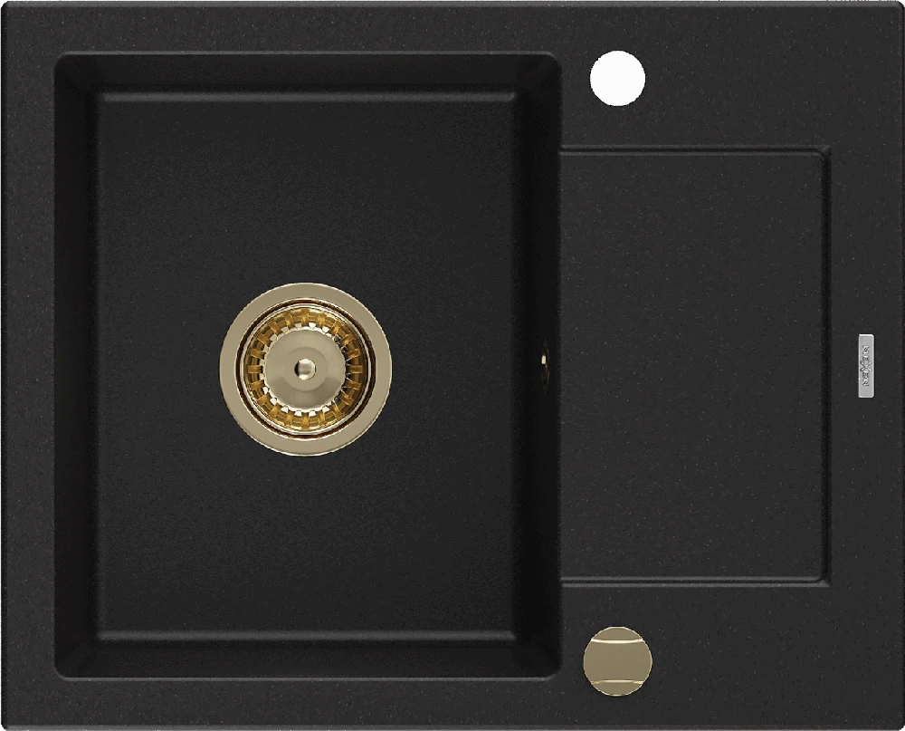 Granitinė virtuvinė plautuvė Mexen Enzo su sifonu, Juodas+Gold, 576 x 465 mm