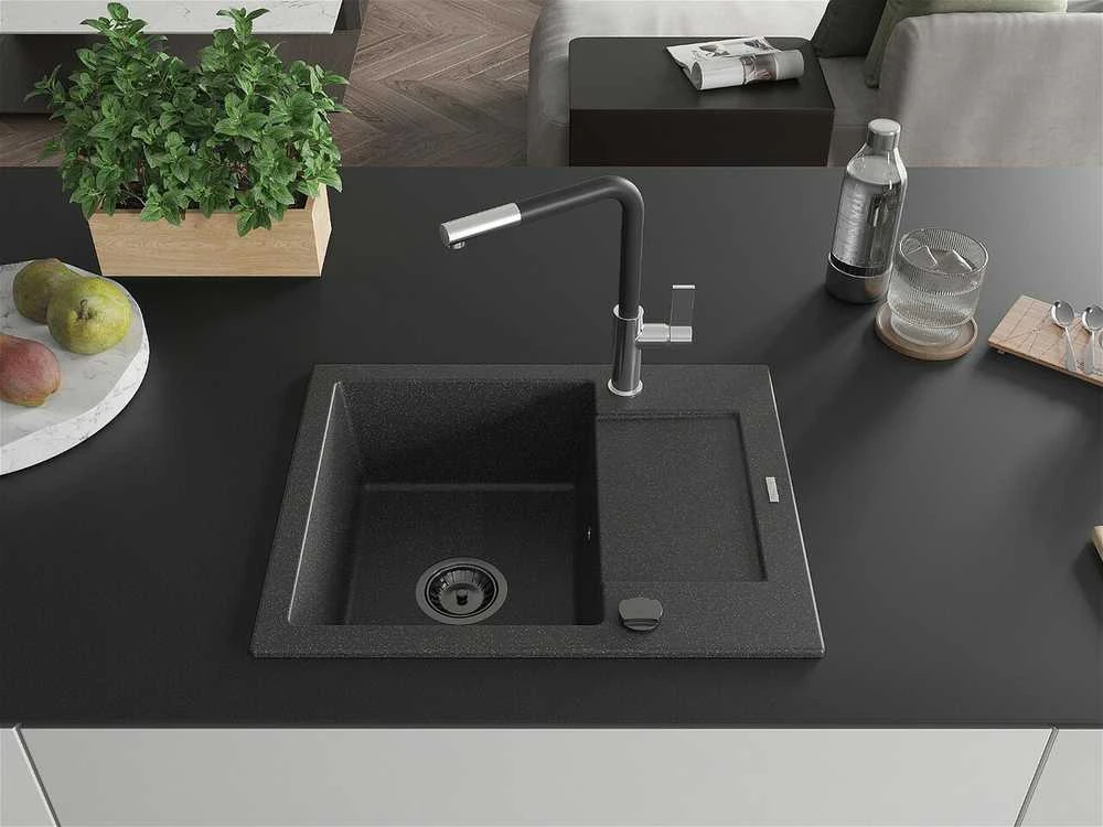 Granitinė virtuvinė plautuvė Mexen Enzo su maišytuvu ir sifonu, Juodas granite+Juodas/Chrome