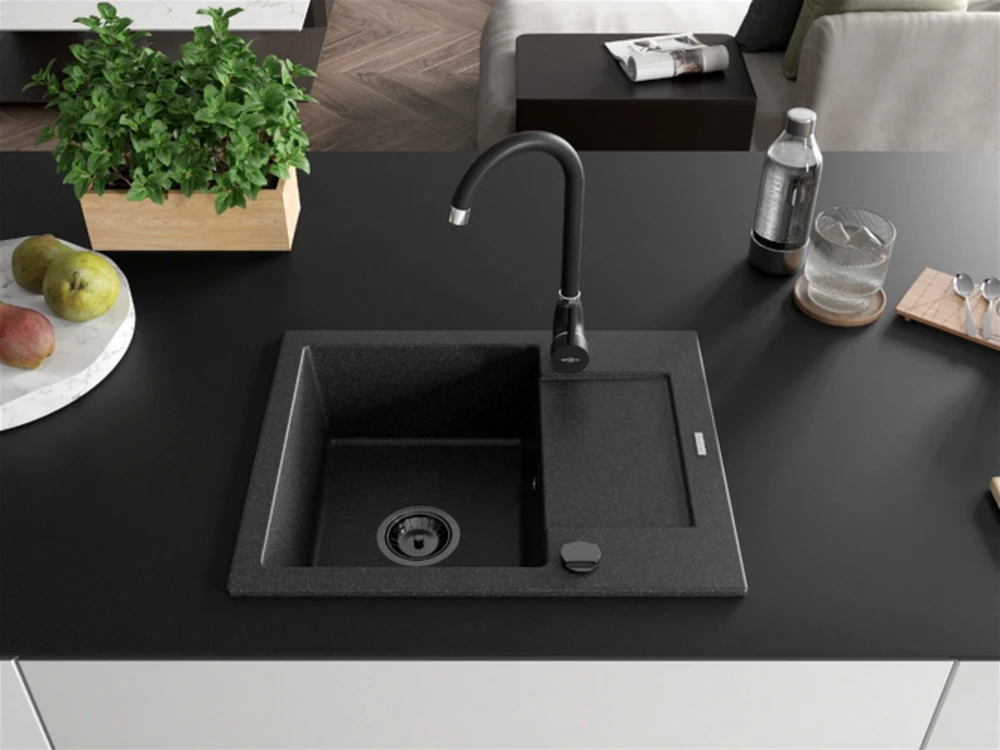 Granitinė virtuvinė plautuvė Mexen Enzo su maišytuvu ir sifonu, Juodas granite+Juodas(B)