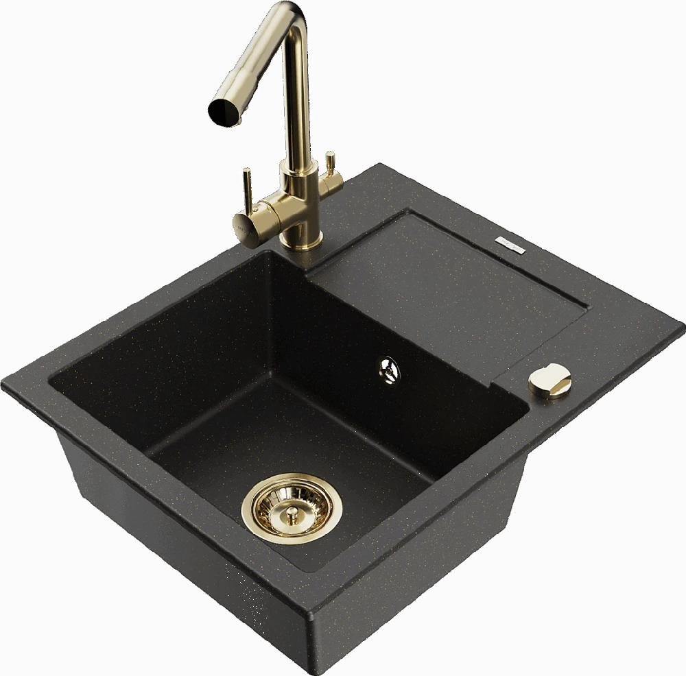Granitinė virtuvinė plautuvė Mexen Enzo su maišytuvu ir sifonu, Metallic juodas/auksinis+Gold