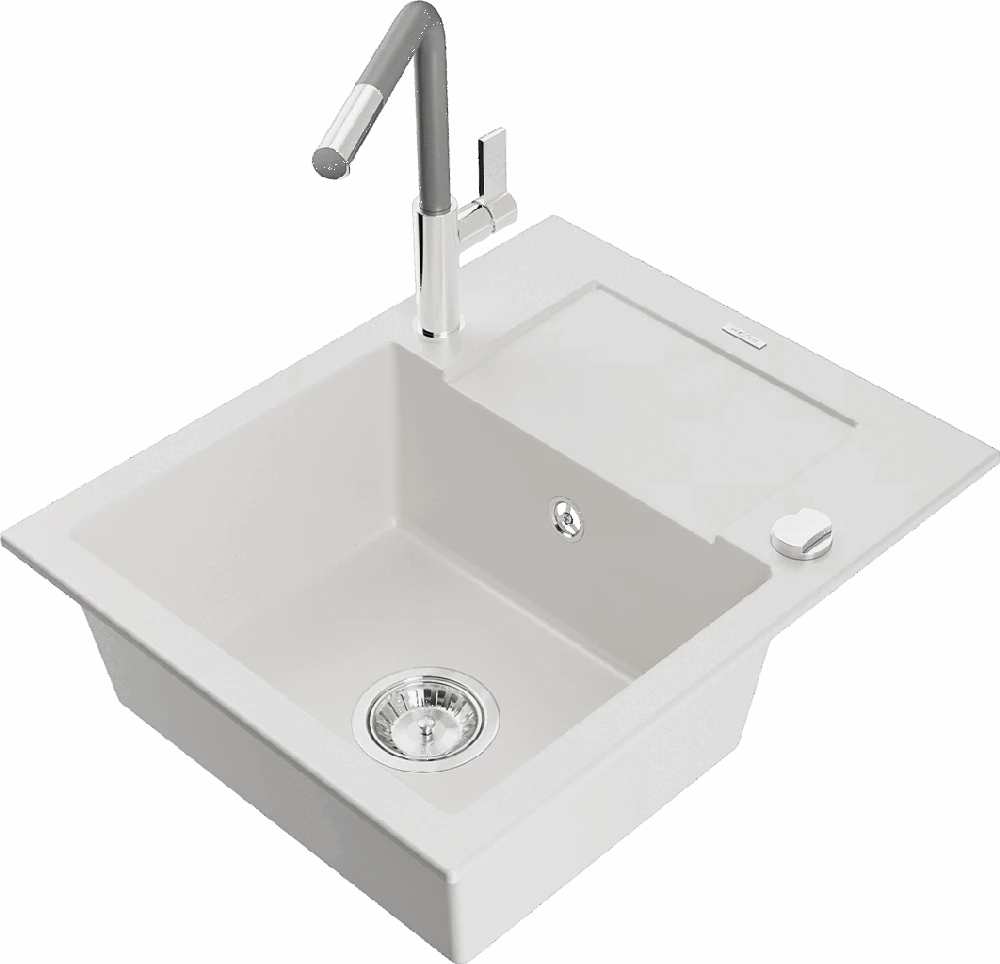 Granitinė virtuvinė plautuvė Mexen Enzo su maišytuvu ir sifonu, Baltas+Pilkas/Chrome