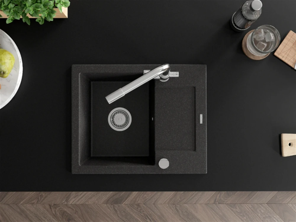 Granitinė virtuvinė plautuvė Mexen Enzo su maišytuvu ir sifonu, Juodas granite+Chrome