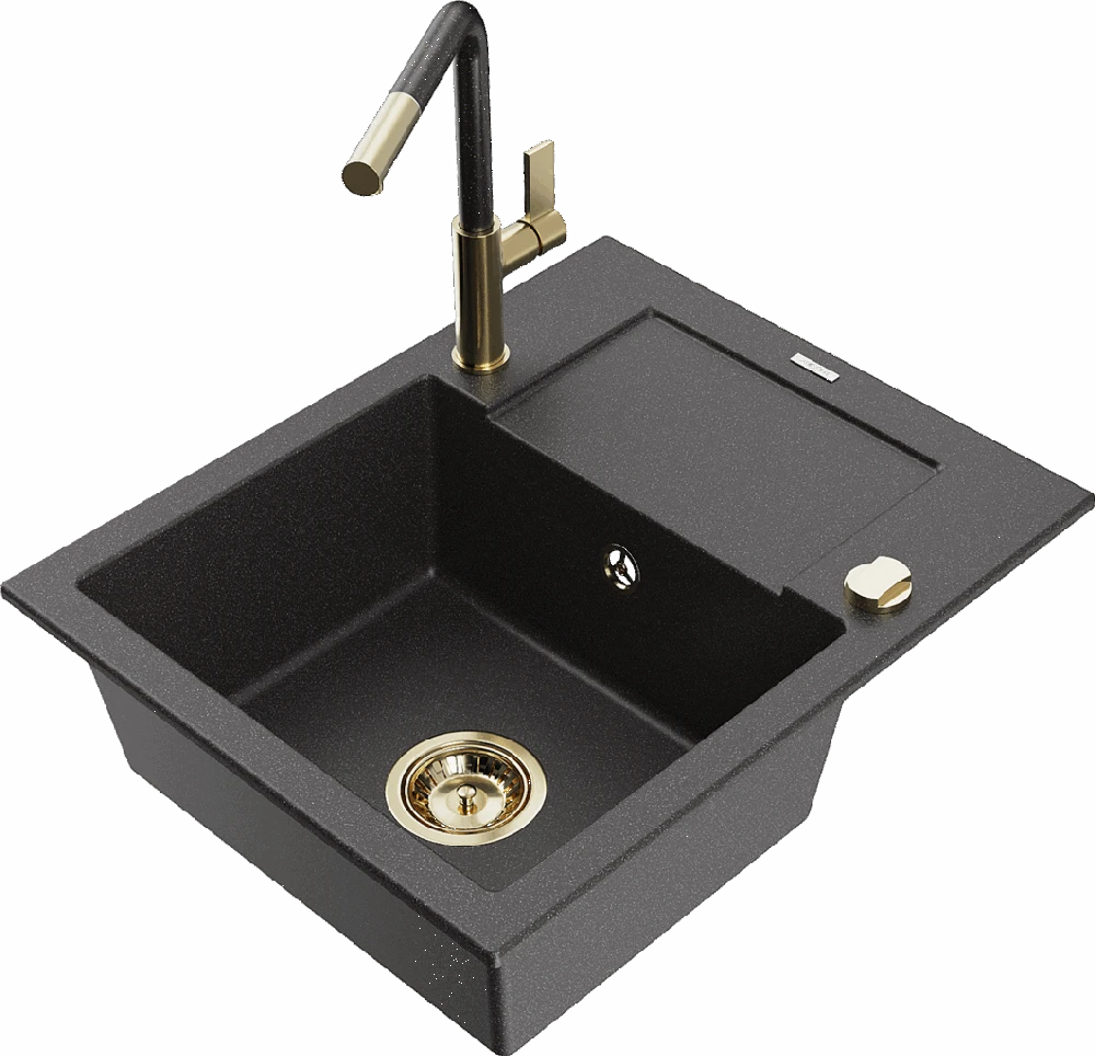 Granitinė virtuvinė plautuvė Mexen Enzo su maišytuvu ir sifonu, Juodas granite+Juodas granite/Gold