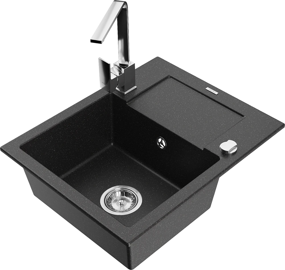 Granitinė virtuvinė plautuvė Mexen Enzo su maišytuvu ir sifonu, Metallic juodas/sidabrinis+Chrome