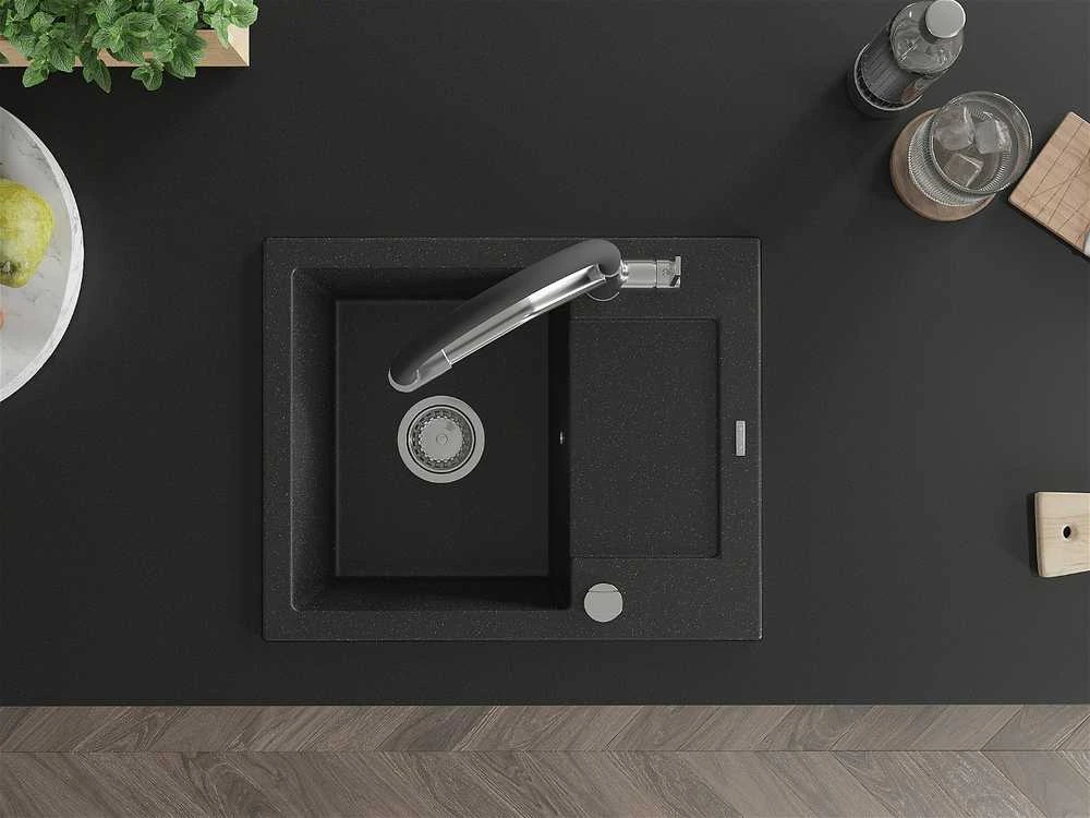 Granitinė virtuvinė plautuvė Mexen Enzo su maišytuvu ir sifonu, Metallic juodas/sidabrinis+Juodas/Chrome