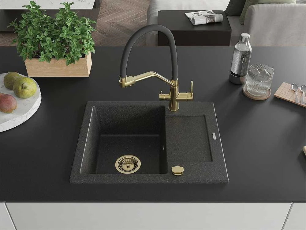 Granitinė virtuvinė plautuvė Mexen Enzo su maišytuvu ir sifonu, Juodas granite+Juodas/Gold