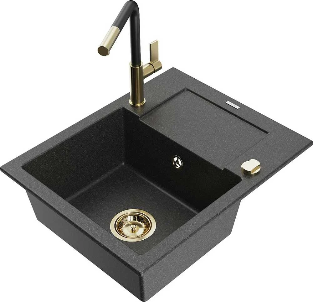 Granitinė virtuvinė plautuvė Mexen Enzo su maišytuvu ir sifonu, Juodas granite+Juodas/Gold