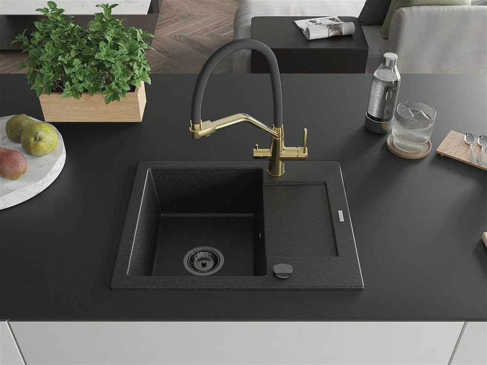 Granitinė virtuvinė plautuvė Mexen Enzo su maišytuvu ir sifonu, Metallic juodas/sidabrinis+Juodas/Gold