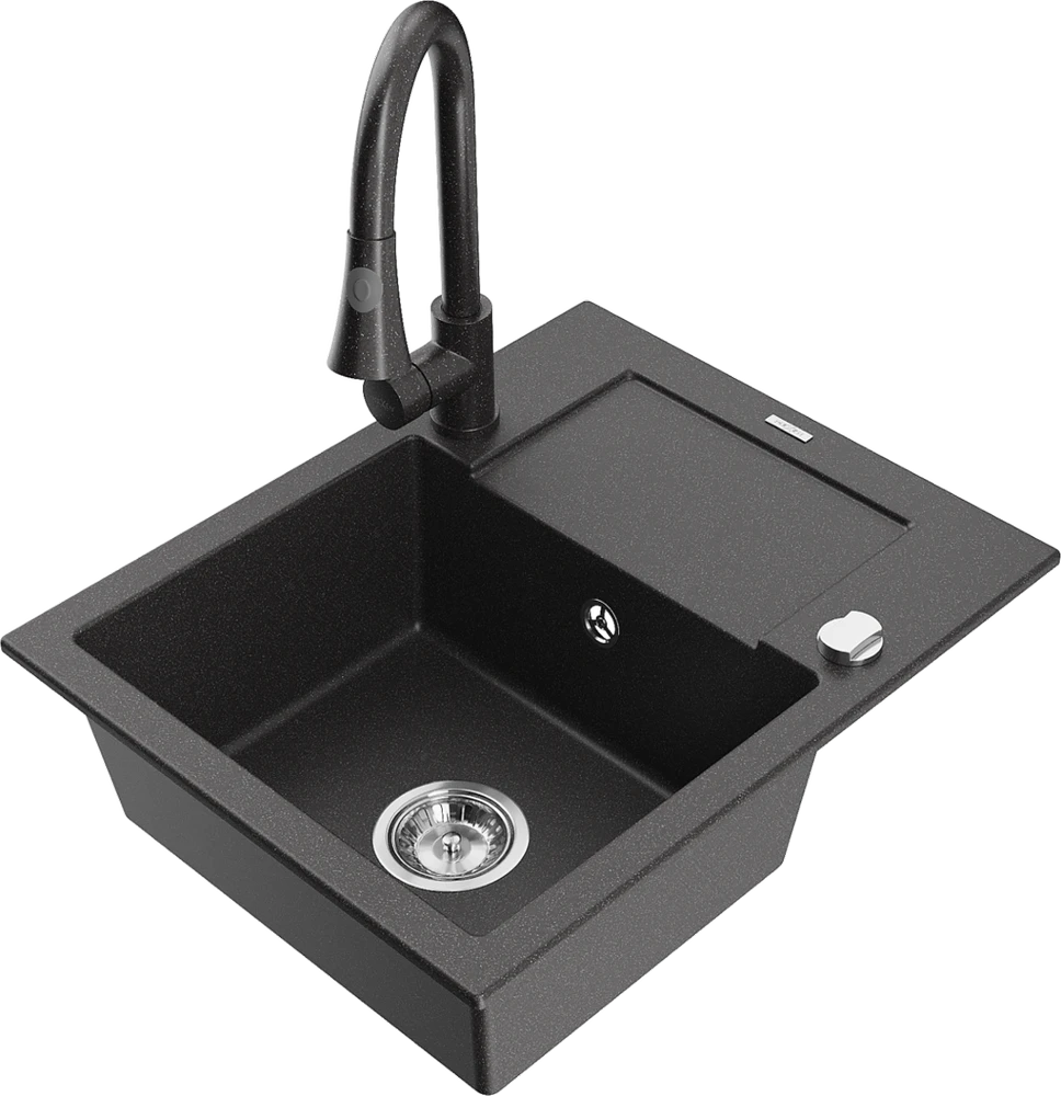 Granitinė virtuvinė plautuvė Mexen Enzo su maišytuvu ir sifonu, Juodas granite
