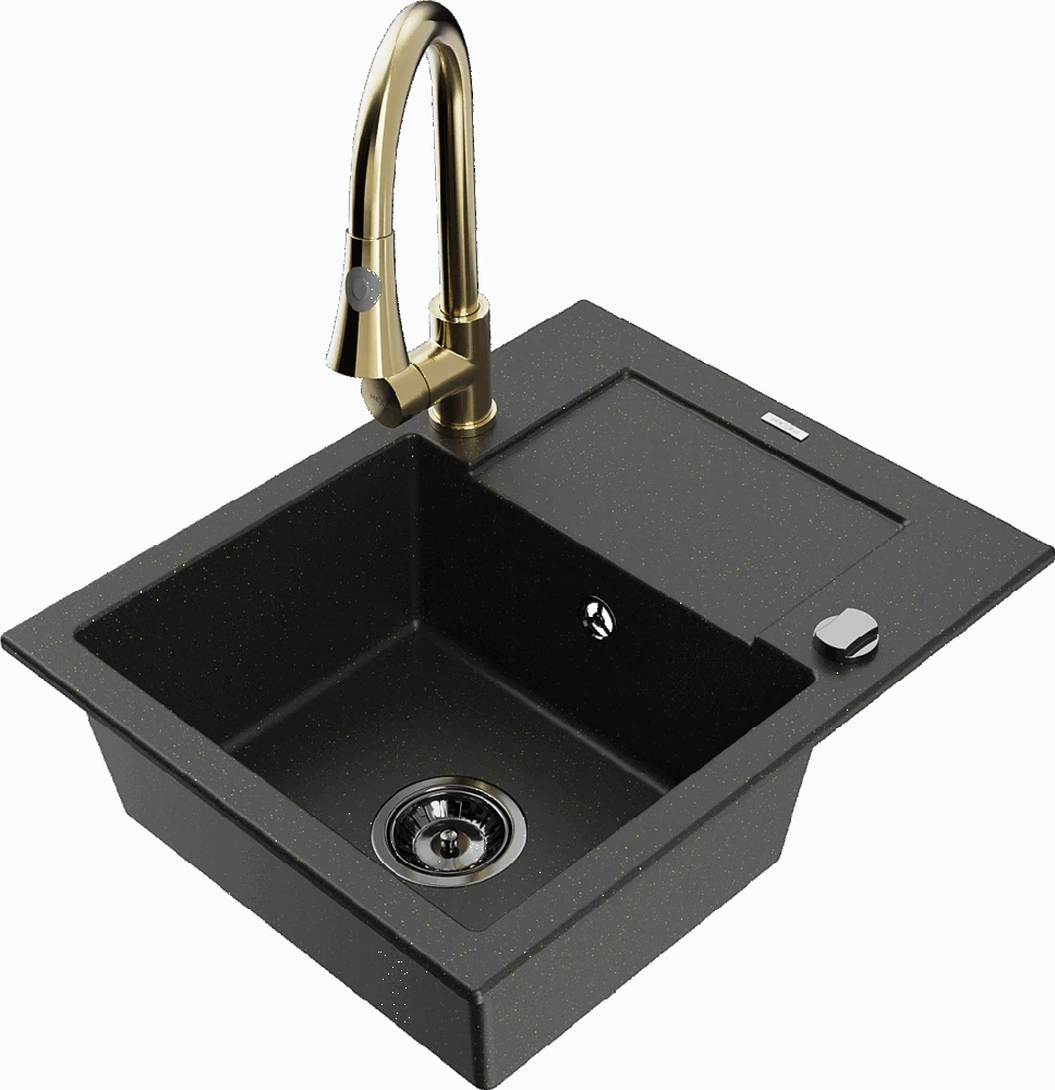 Granitinė virtuvinė plautuvė Mexen Enzo su maišytuvu ir sifonu, Metallic juodas/auksinis+Gold