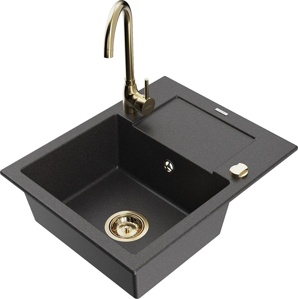 Granitinė virtuvinė plautuvė Mexen Enzo su maišytuvu ir sifonu, Juodas granite+Gold