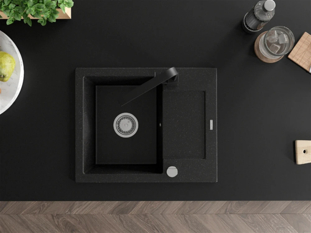 Granitinė virtuvinė plautuvė Mexen Enzo su maišytuvu ir sifonu, Metallic juodas/sidabrinis+Juodas